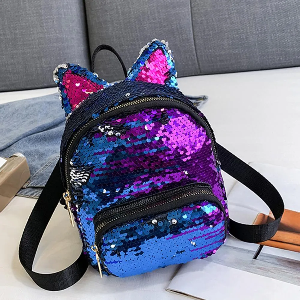 Cute Sequins Cat Ears School Zipper Backpack