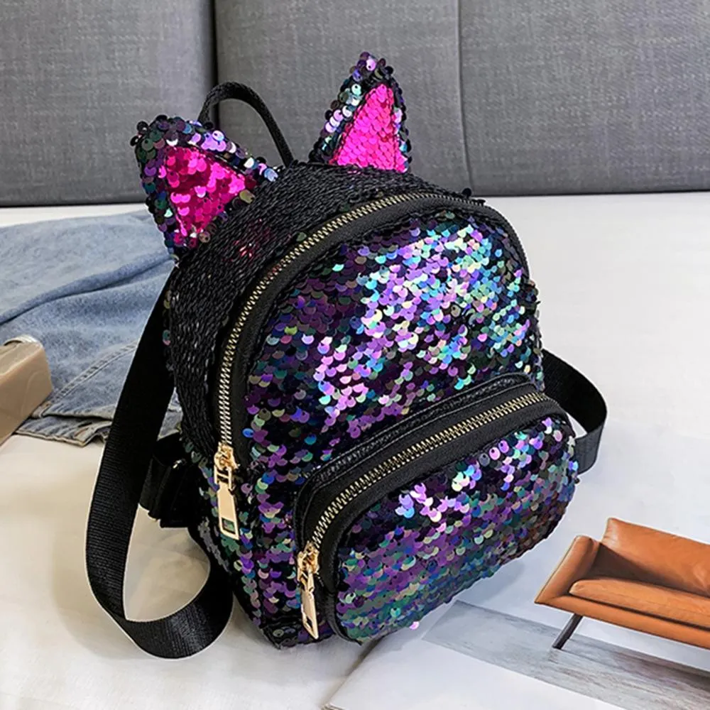 Cute Sequins Cat Ears School Zipper Backpack