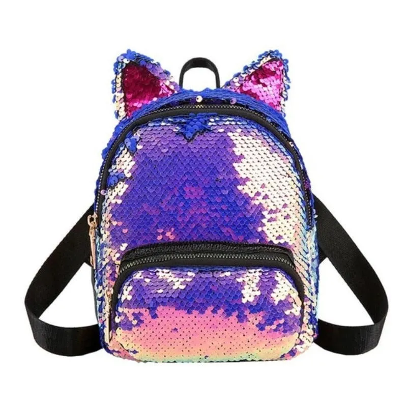 Cute Sequins Cat Ears School Zipper Backpack