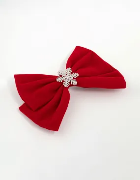 Kids Red Fabric & Diamante Snowflake Bow Clip